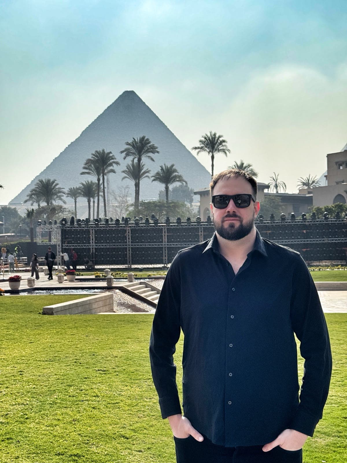 Oliver Locke, the cybersecurity forensic consultant from Sarasota, Florida, at the Giza pyramid complex in Egypt